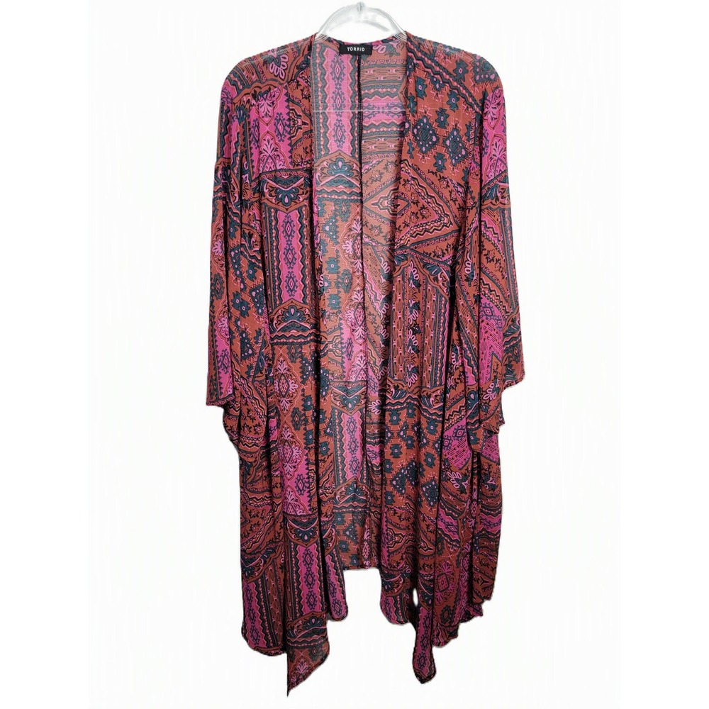 Torrid Womens OS Kimono Duster Pink Orange Geometric Tribal Open Front 41601258